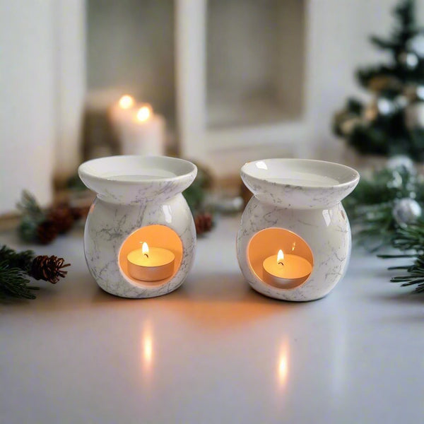 Set of 2 White and silver marble effect ceramic Oil Burner