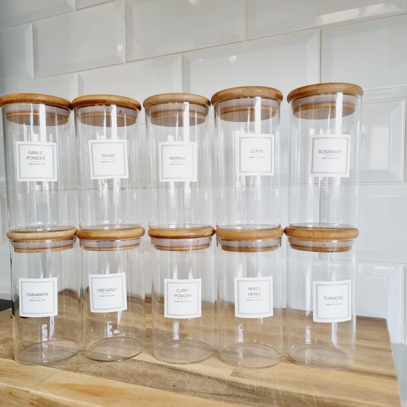 Herbs and Spices Glass Jar with Bamboo Lid and Minimal Label