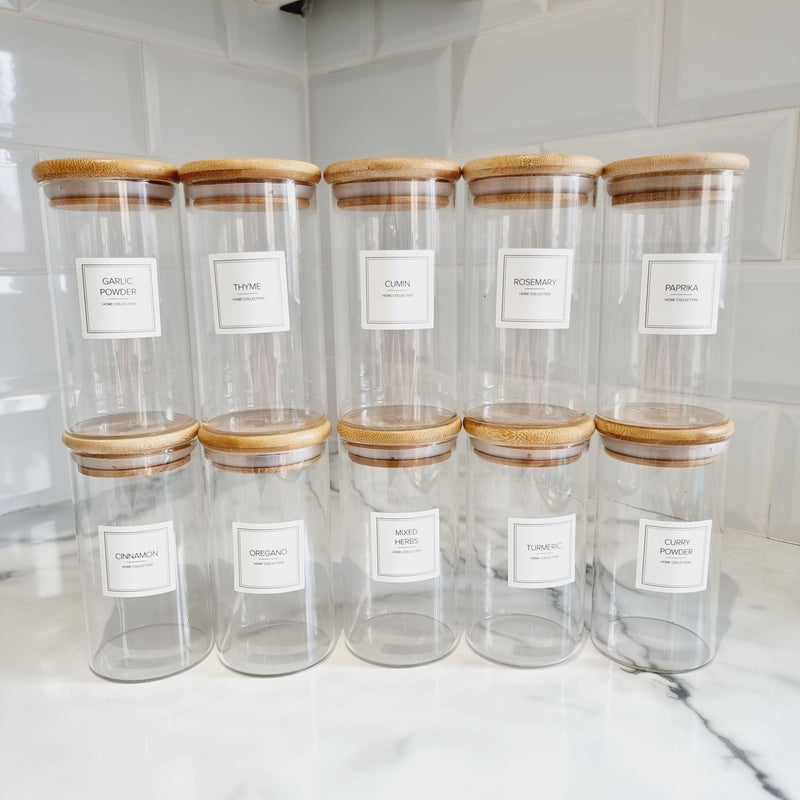 Herbs and Spices Glass Jar with Bamboo Lid and Minimal Label