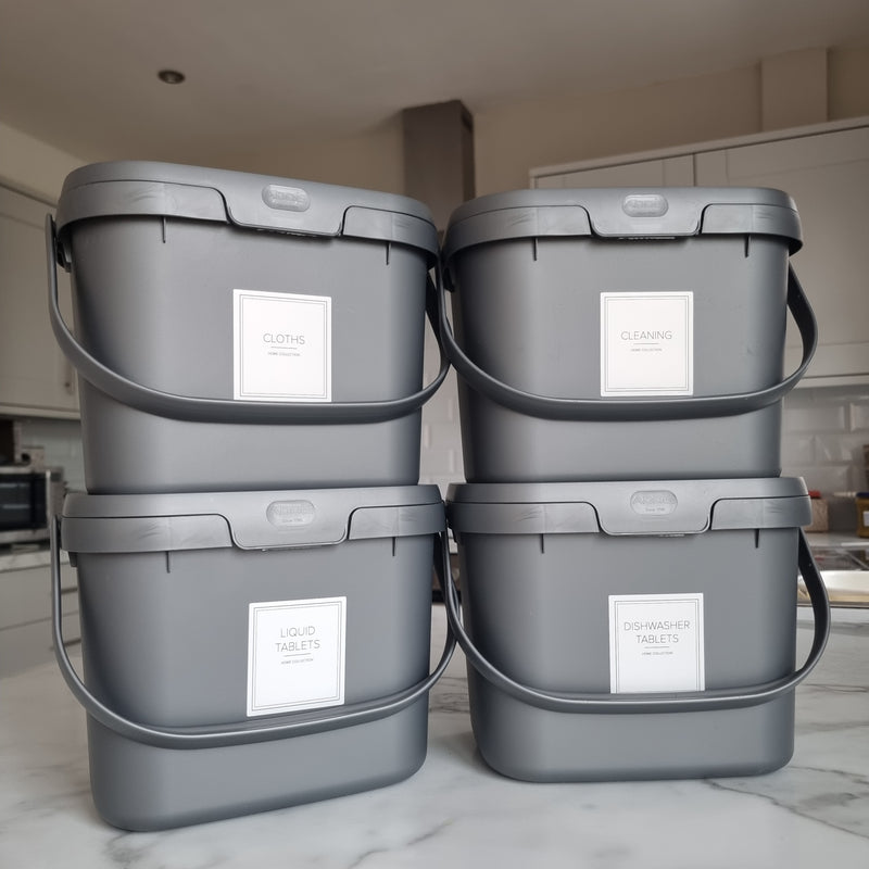 Set of 4 Grey Labelled Storage Caddies