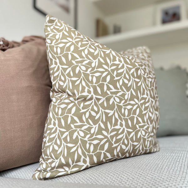 Olive Green & Cream Leaf Print Square Cotton Cushion