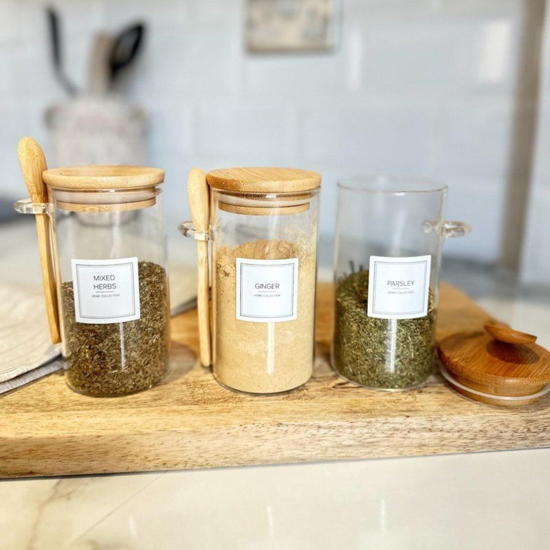 Herbs and Spices Glass Jar with Bamboo Lid and Spoon with Minimal Label 0.3L