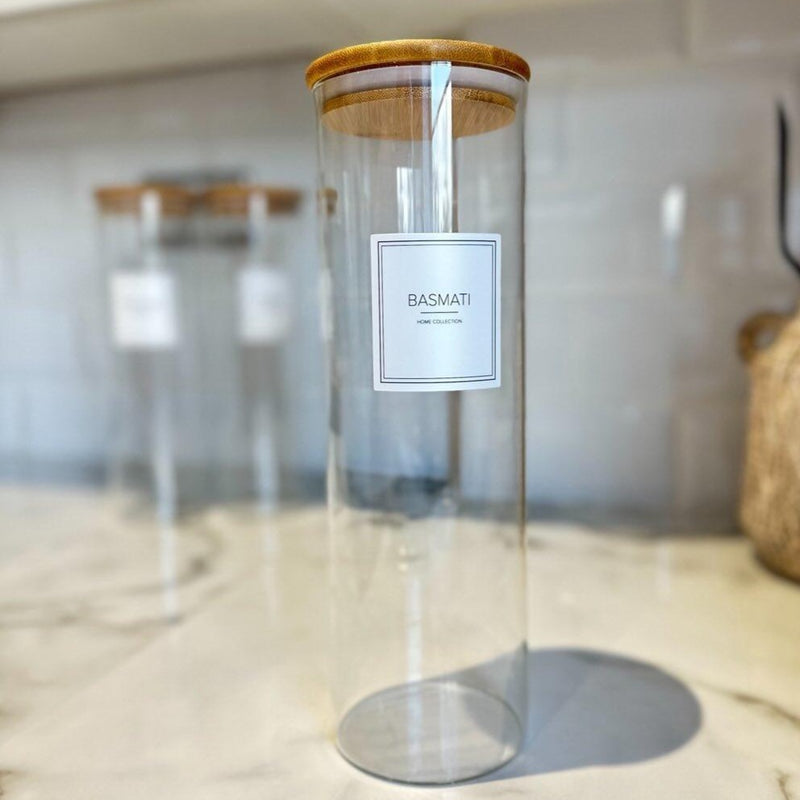 2 Litre Clear Glass Minimal Style Pantry Labelled Storage Jars with Bamboo Lid