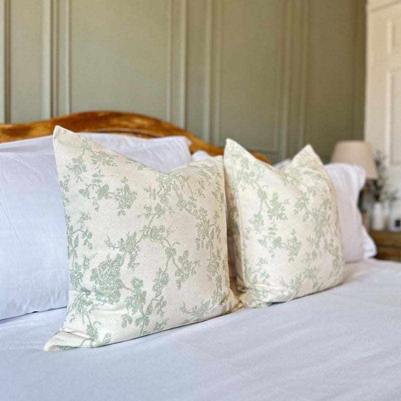 Square Cream Sage Green Floral Print Cushion 100% Cotton