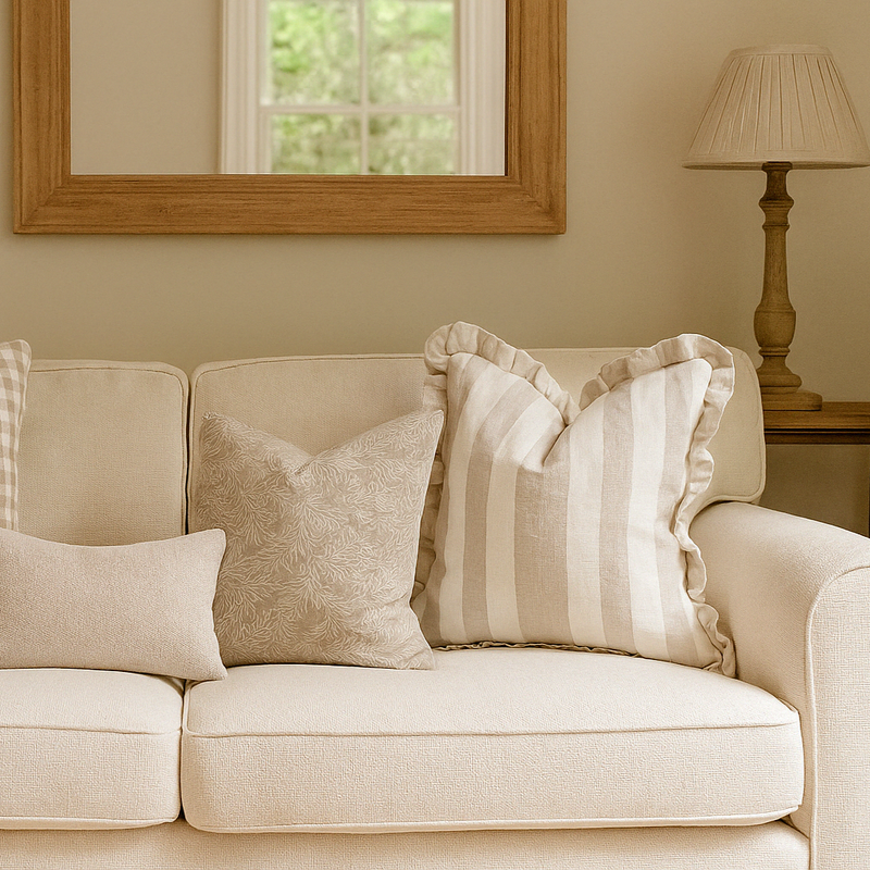Ruffled Edge Square Cream and Neutral Stripe Linen Cushion 45x45cm sitting in a neutral country style living room on a cream material sofa