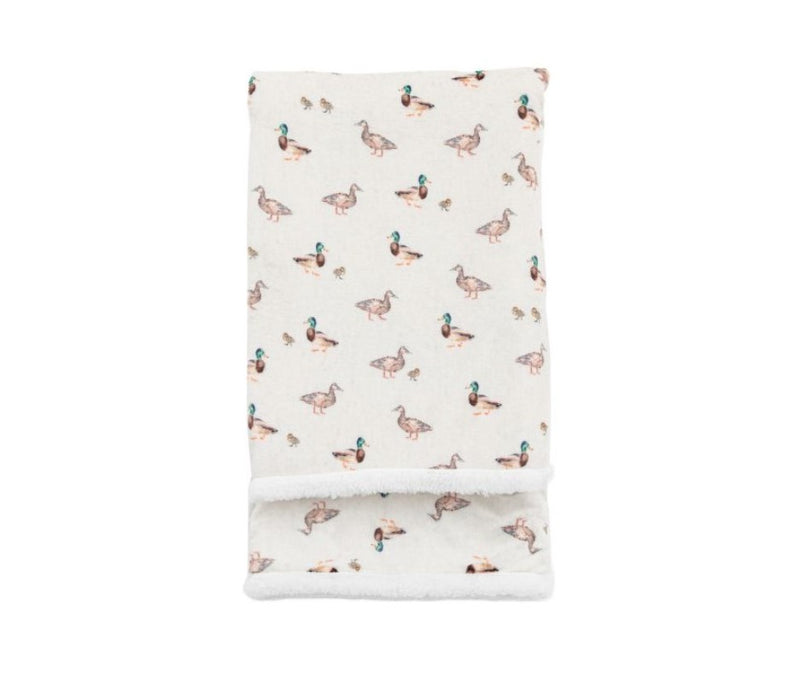 Watercolour Sherpa Duck Print Blanket. White soft and fluffy background with all over duck and duckling watercolour print. On a plain white background