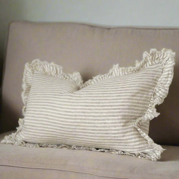 Rectangle Ruffle Linen Cream & Beige Stripe Cushion 50x30cm