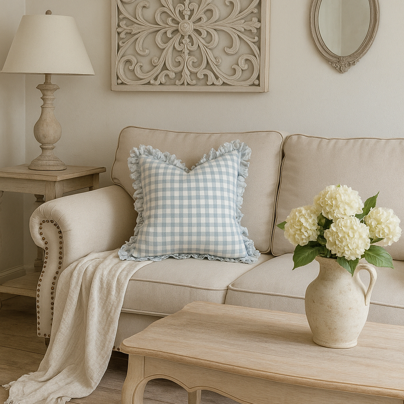 Ruffled Edge Square Linen Cream and Blue Gingham Cushion 45x45cm