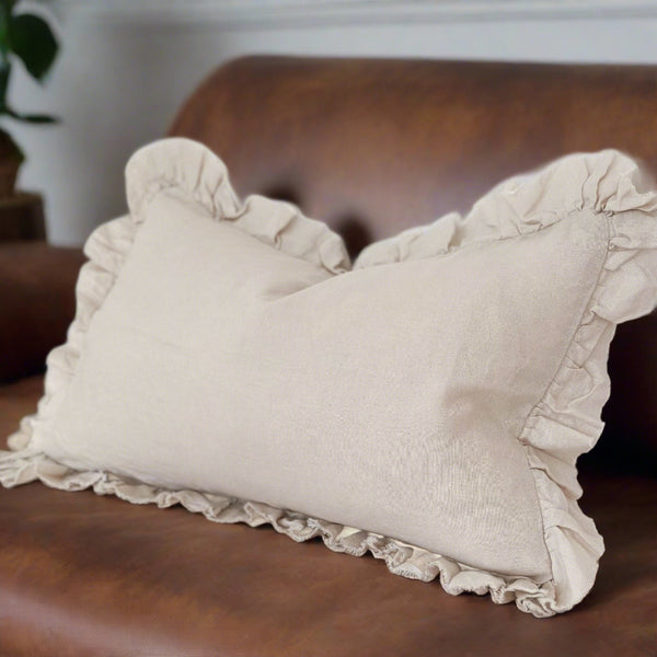 Rectangle Cream Ruffled Edge Linen Cushion 50x30cm