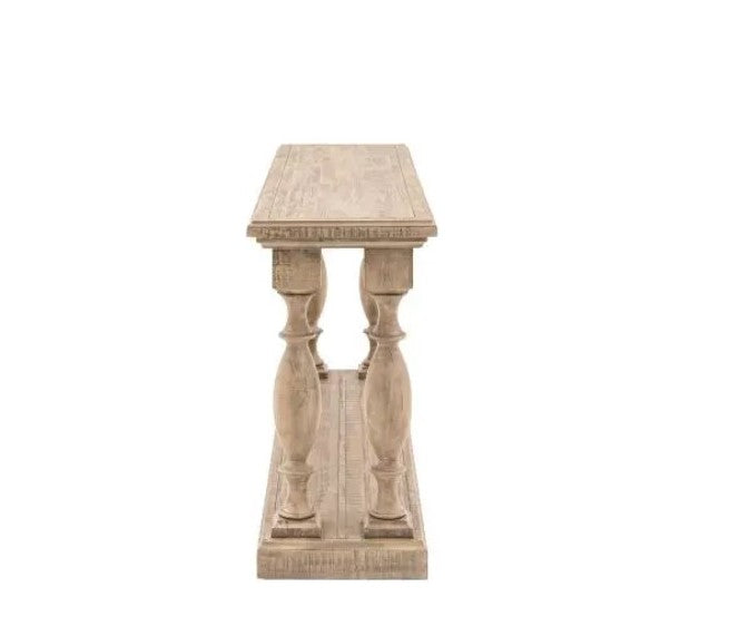 A side view of the West Coast Accent Wooden Console Table showing the wooden spindle like legs on each corner of the console table showing they attach the chunky rectangle wooden top to the console table to the rectangle shelf base.