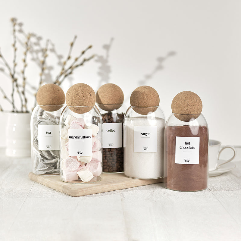 Set of 5 Glass Beverage Canisters with Cork Ball Lids