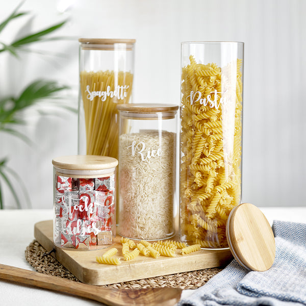 Glass jar storage bundle with airtight bamboo lids, with wording for Rice, Pasta, Spaghetti, and Stock Cubes