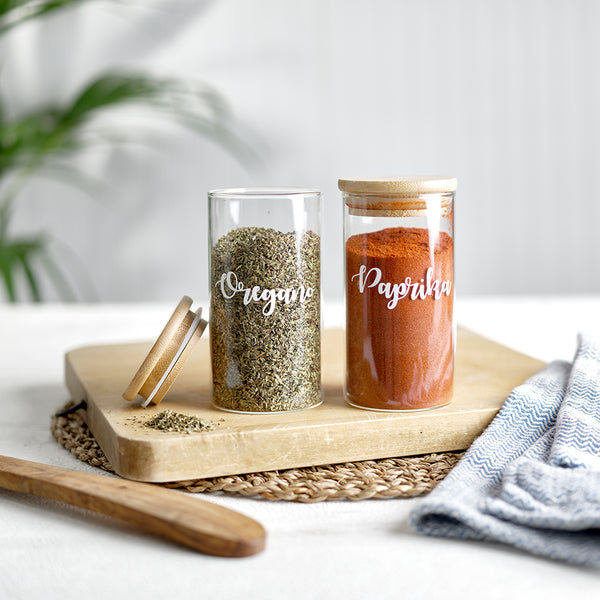 Glass spice jars with custom personalised wording and bamboo airtight sealed lids