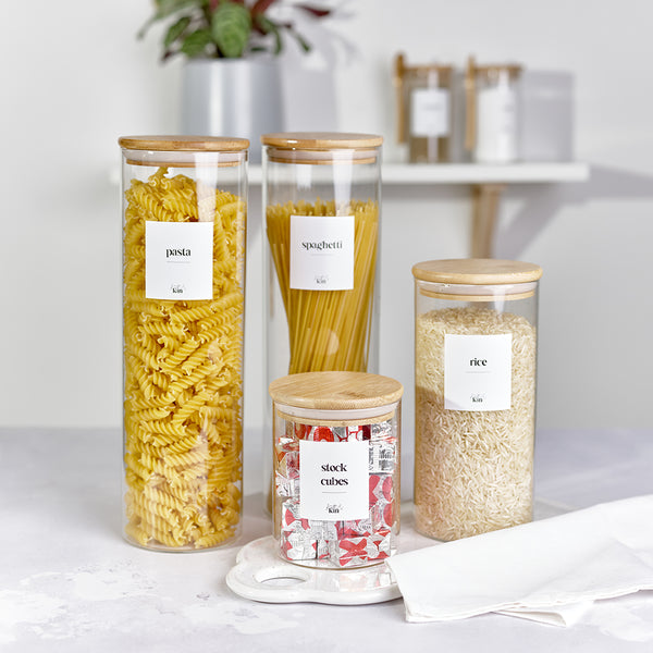 Labelled Glass and Bamboo Food Storage Jar Bundle