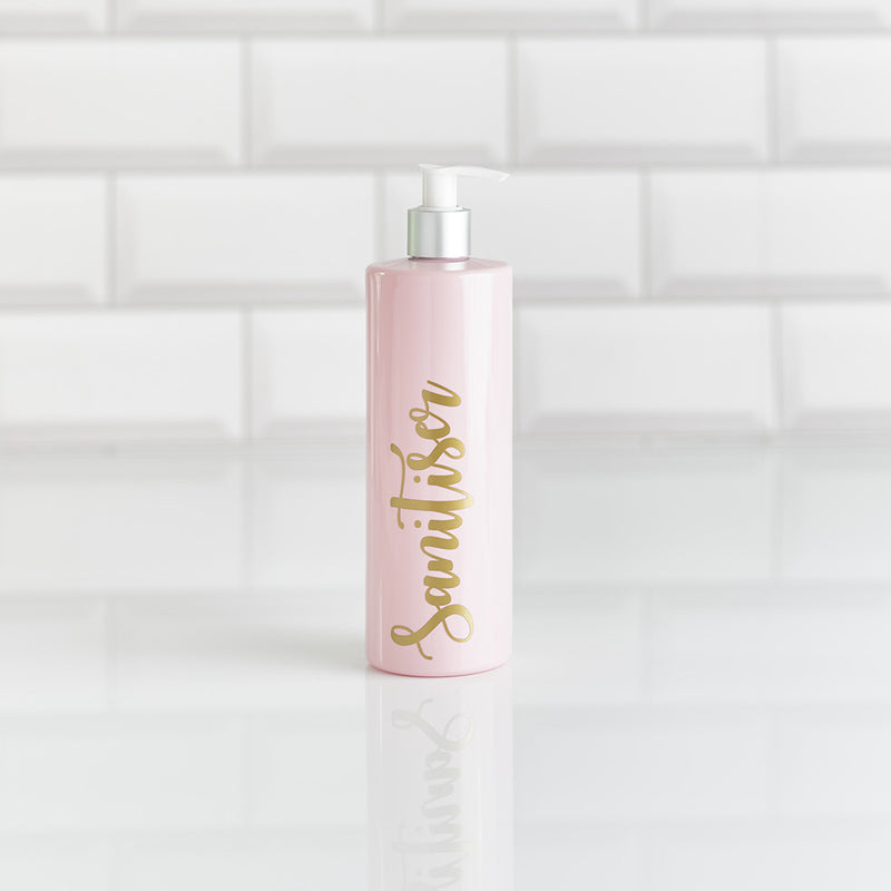 One Pink Reusable Sanitiser Bottle with gold customisable wording