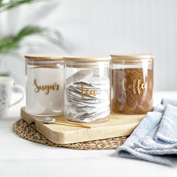 Glass jars with bamboo airtight sealed lids with labels for Tea, Coffee and Sugar