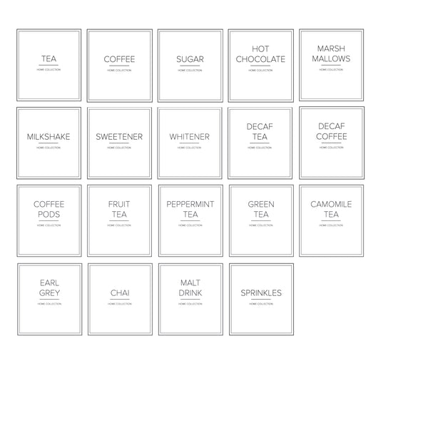 Square labels with thin capital font text, centrally placed, for labelling tea, coffee, sugar and more drinks individually.