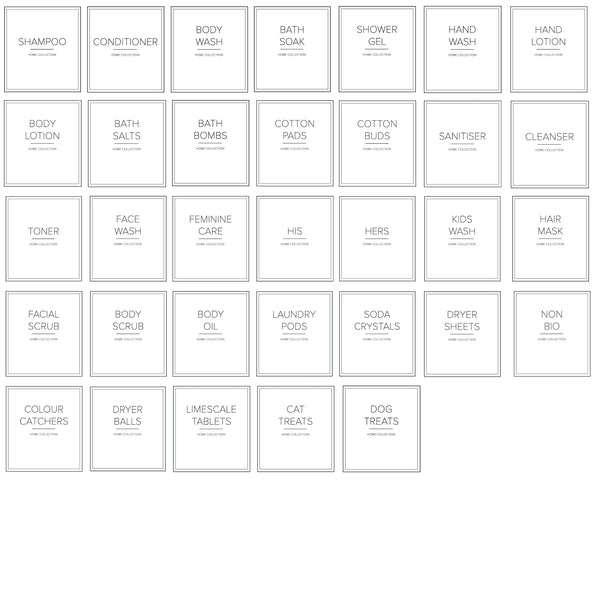 32 white waterproof square labels for organising with various wordings for bathroom storage labels included in the 153 labels bundle for shampoo, conditioner, hand wash, shower gel and more.