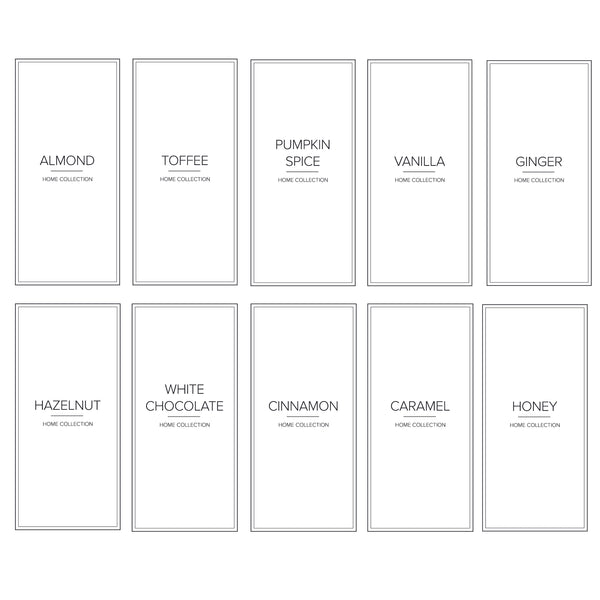 Set of 10 White Waterproof Rectangle Syrup Bottle labels all with different wording for syrups for almond, toffee, vanilla, caramel, honey and more